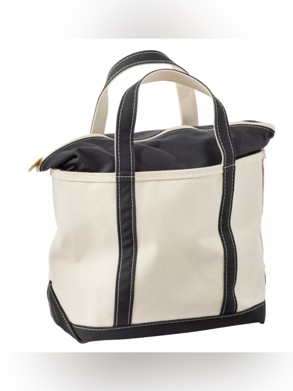 L.L.Bean White Canvas Boat and Tote Zip Top Bag with Black Trim Size L
